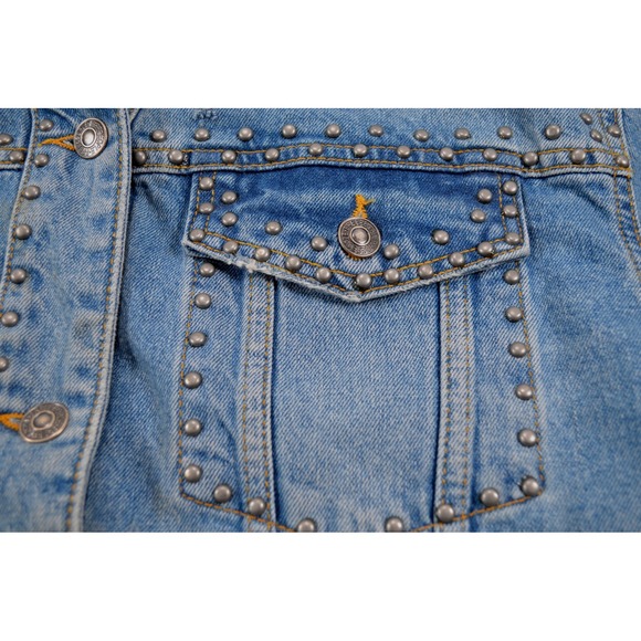 FREE PEOPLE Studded Original Denim Jean Distressed B/F Trucker Jacket Womens S‎ - Picture 11 of 16